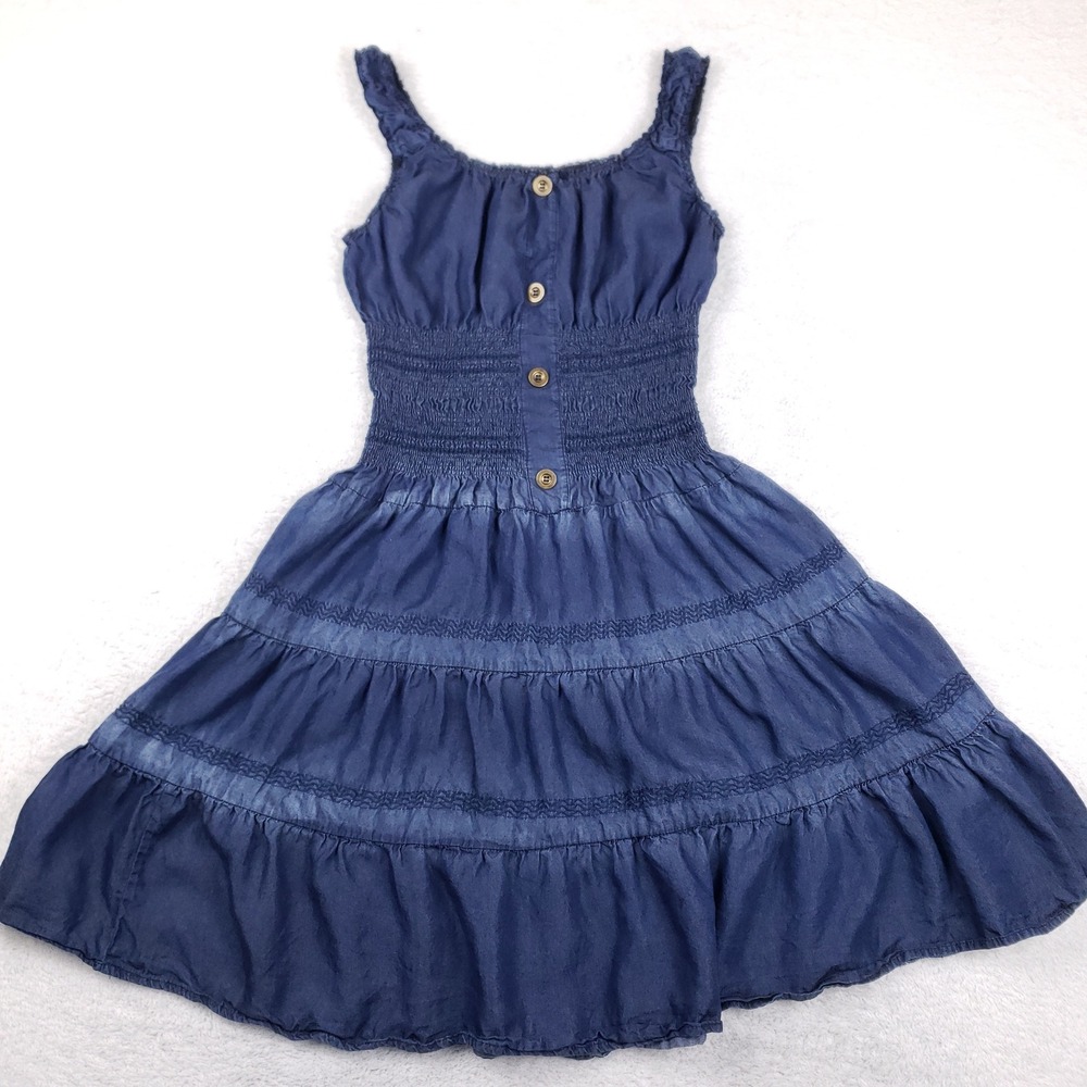LAPIS Blue Lyocell Tiered Sundress Womens Small Smocked Waist Sun Dress Boho
